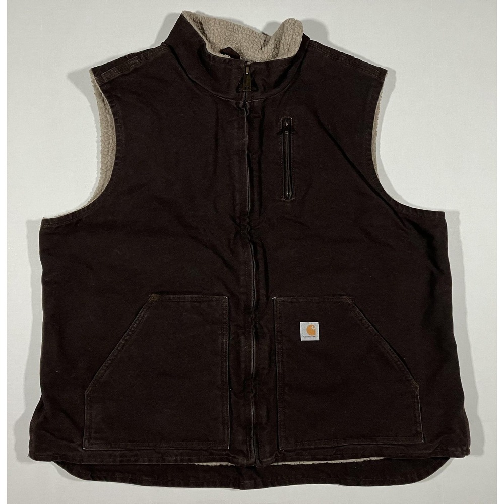 Carhartt Sherpa Vest Mens 2XL Brown Lined Full Zip Canvas Workwear Outdoors